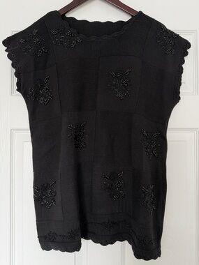 Vintage Black Beaded Knit Cap-Sleeve Top